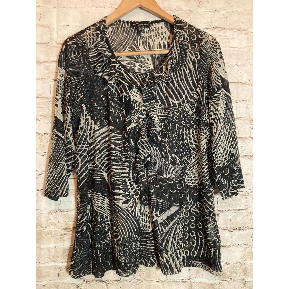 Amanda Matthews Top Womens 1X Black Mixed Animal Print Semi Sheer Ruffles Plus